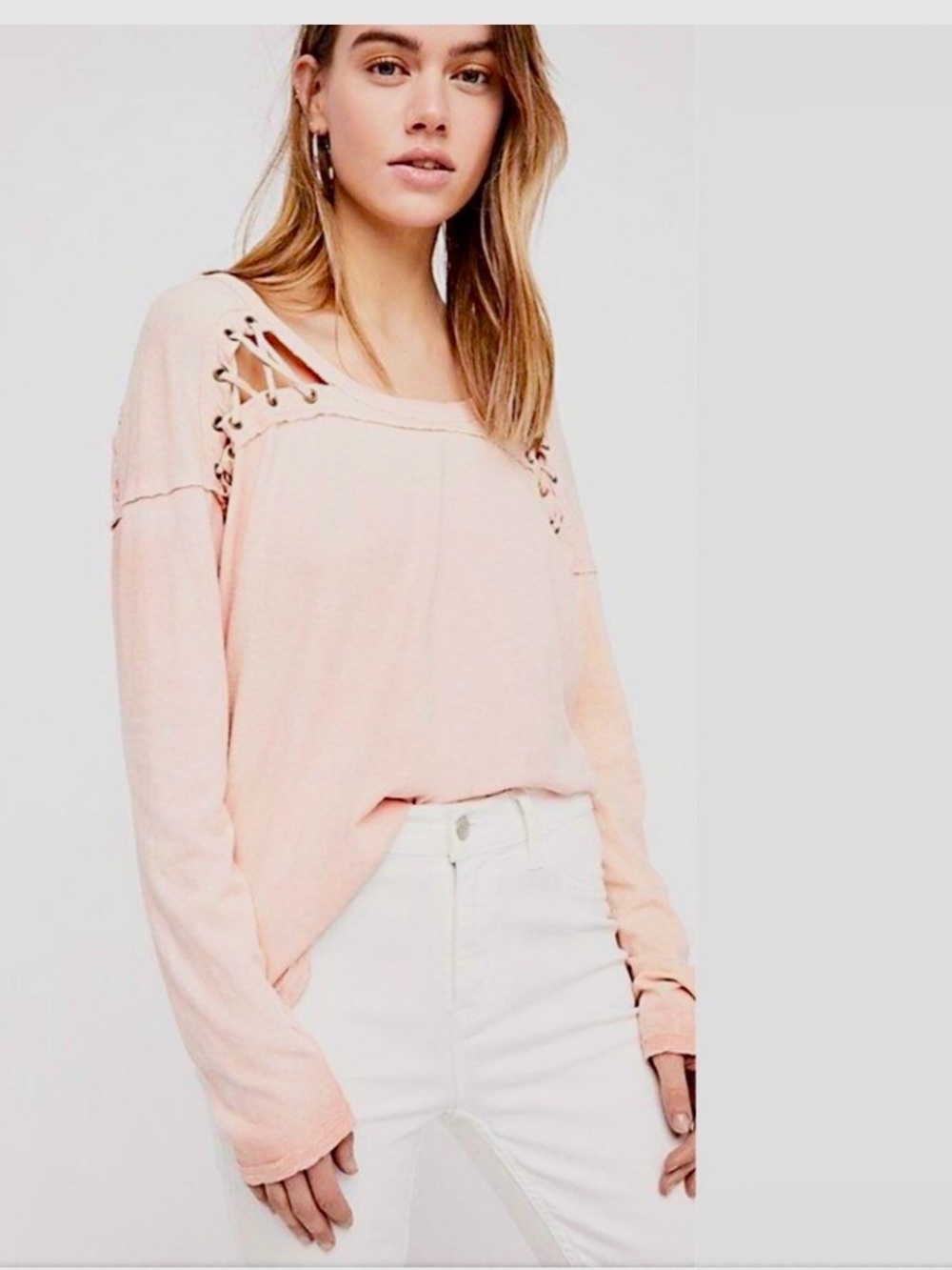 Free People Lace-Up Shoulder Long Sleeve Top in Peach